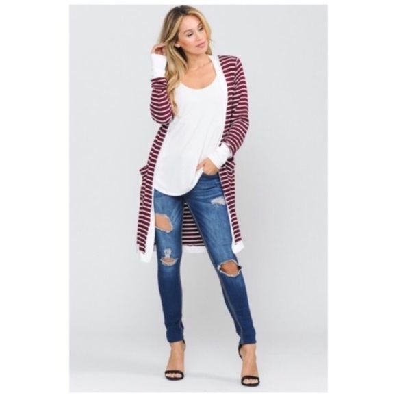Burgundy Striped Open Front Cardigan With Pockets - Picture 2 of 5